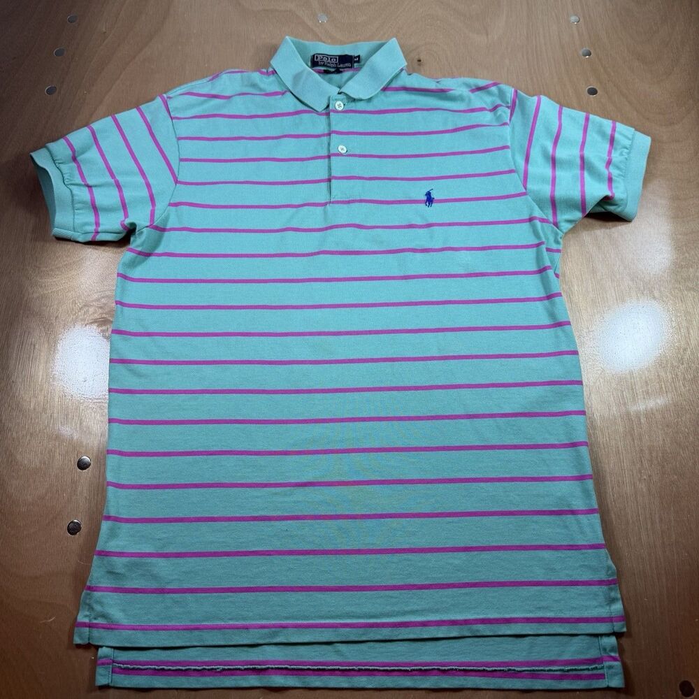 Vintage Polo Ralph Lauren Retro Stripped Made USA 100% Cotton Polo Turquoise M